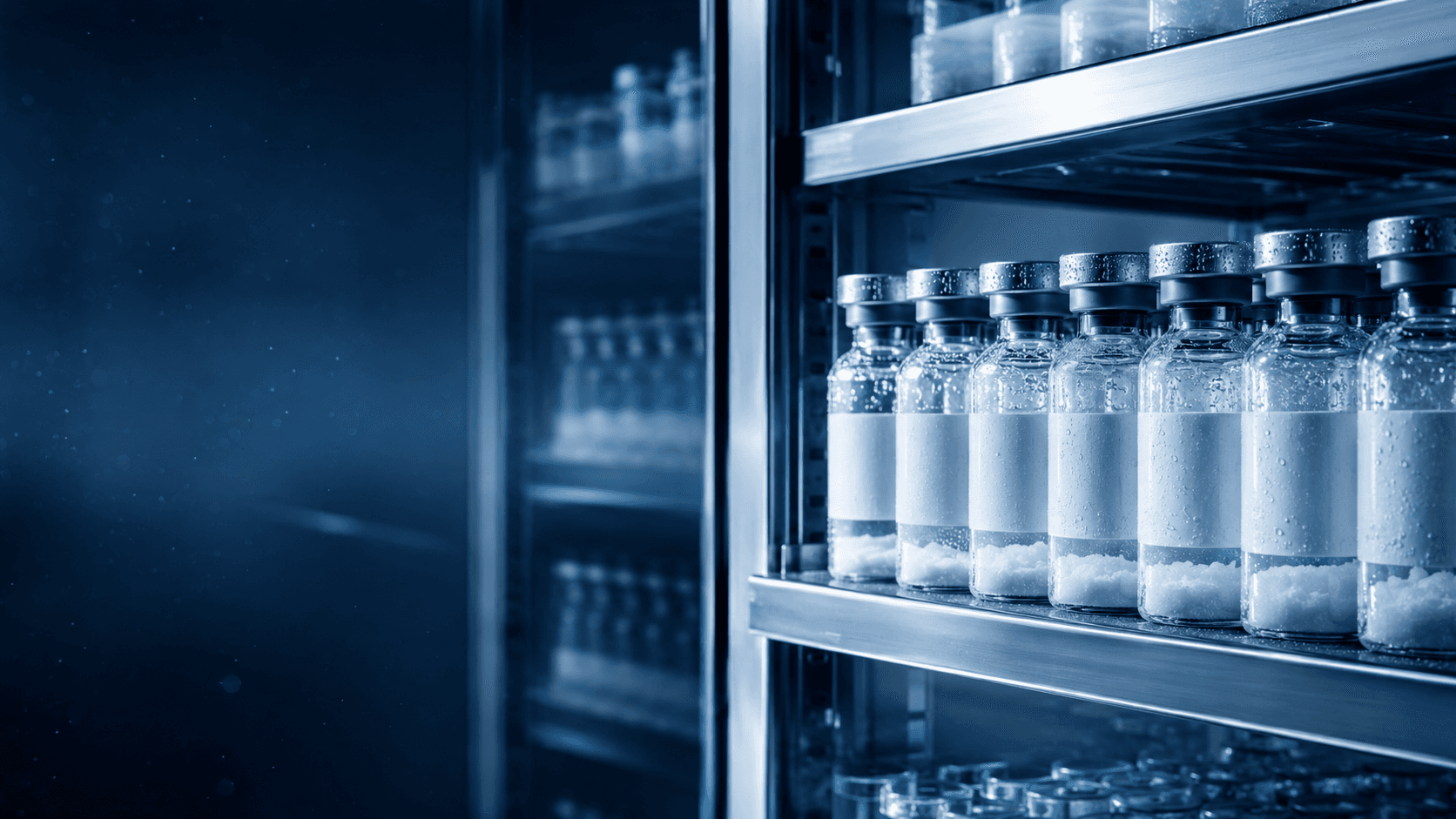 Rows of research peptide vials in cold storage at a USA-based manufacturing facility