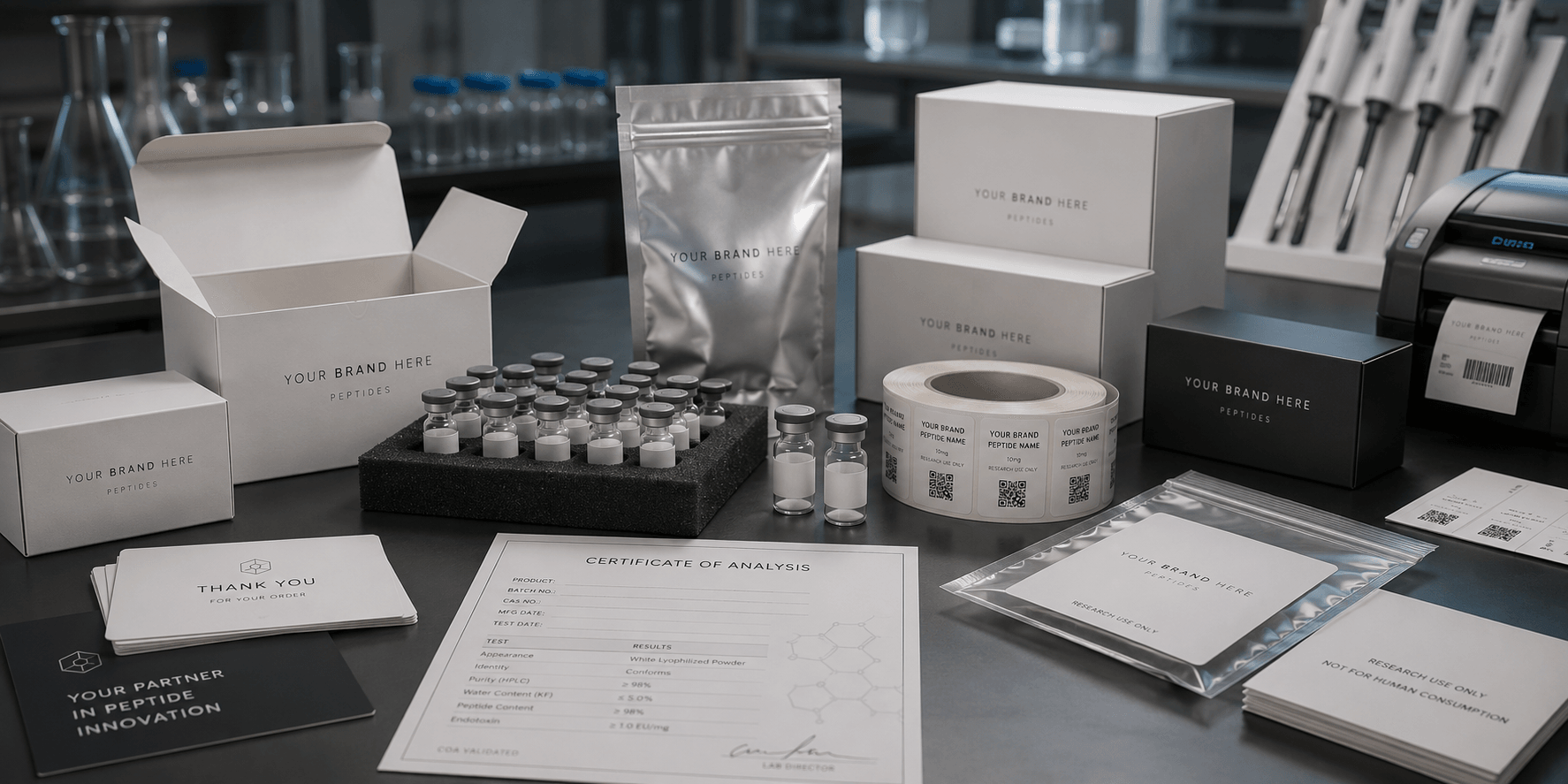 White label peptide packaging, boxes, vials, and certificate of analysis ready for private label brand creation