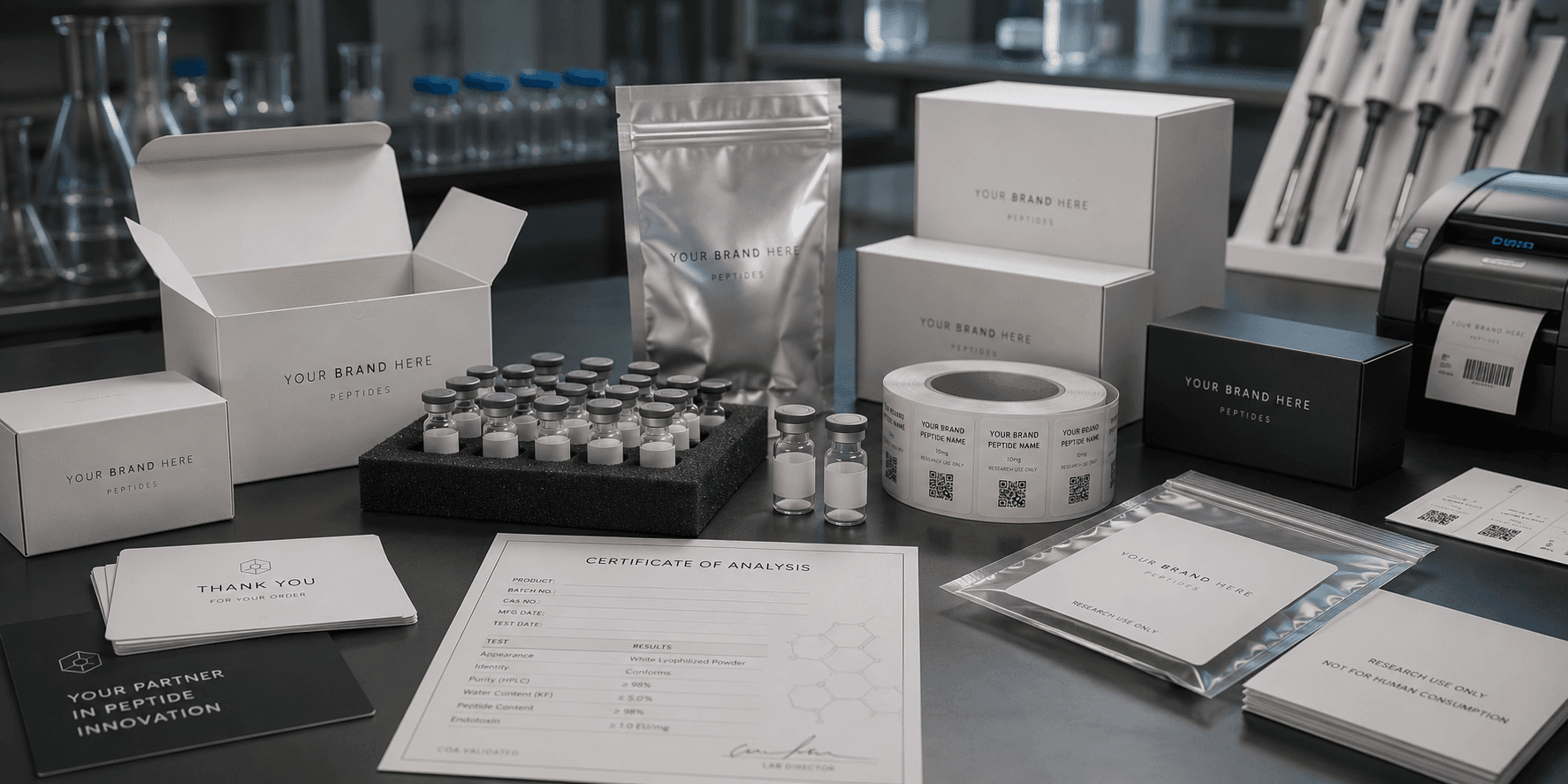 White label peptide packaging, boxes, vials, and certificate of analysis ready for private label brand creation
